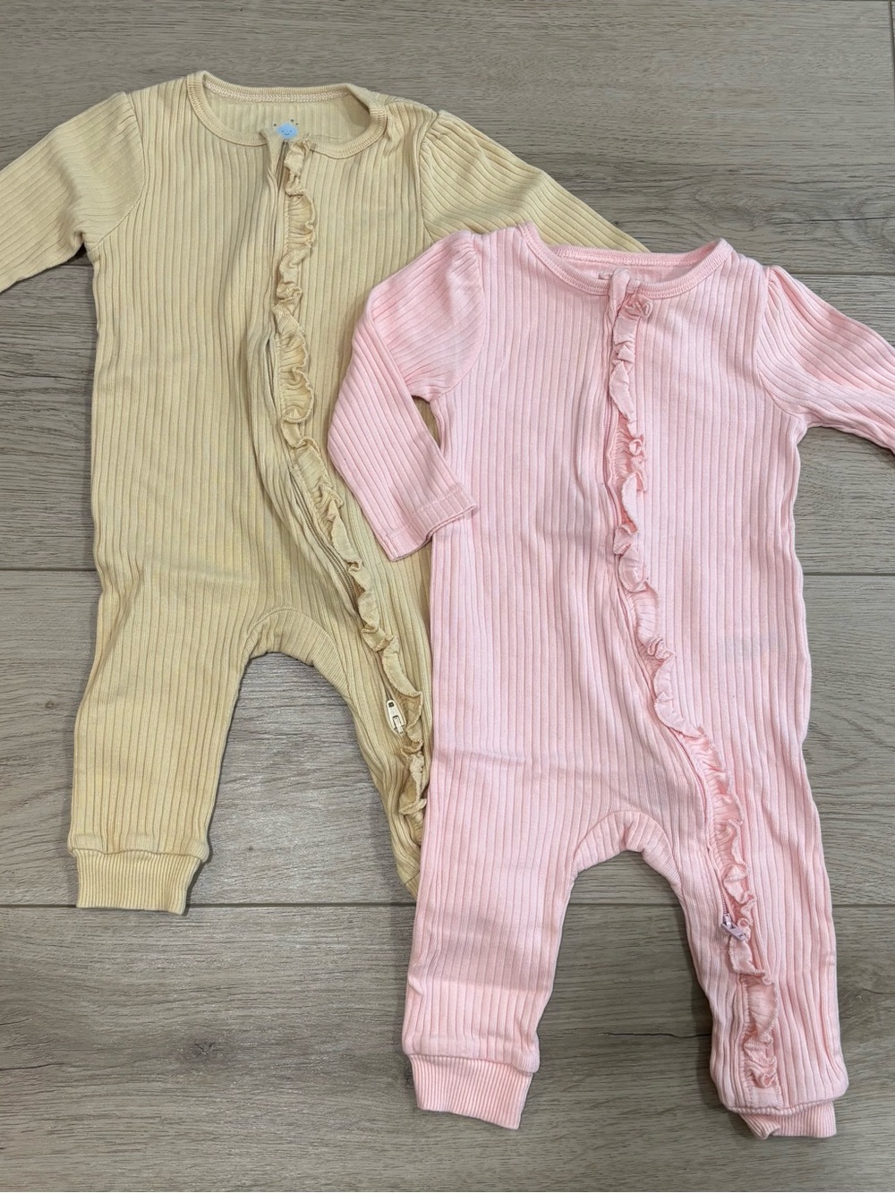 Ruffle-Trim Ribbed One-Piece Sleeper - Pink & Yellow